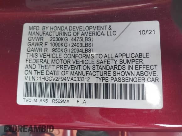 2021 Honda Accord Touring with VIN 1HGCV2F94MA033312, listed as a IAAI auction lot 42917016 with 44,967 mi miles and . Bid and sale history available at DreamBid. Image 9.