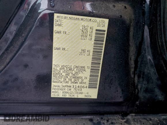 ✅ 2017 Nissan Altima SR • VIN: 1N4AL3AP9HN314064 • Lot: 95475895. Listed on Copart with 100,054 mi. Free auction sales archive from the USA and detailed vehicle history report at DreamBid. Image 12.