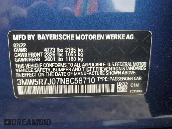 2022 BMW 3 Series 330i xDrive z VIN 3MW5R7J07N8C58710, wystawiony jako Copart lot #66863785 z przebiegiem Nie podano mil oraz Szkoda całkowita • Salvage title. Historia ofert i sprzedaży dostępna na DreamBid. Obrazek 12.