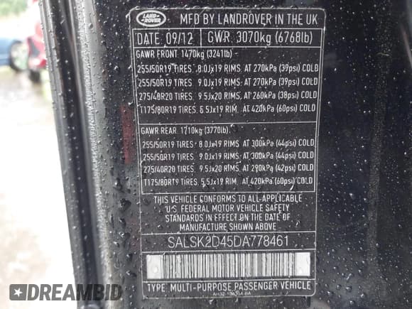 ✅ 2013 Land Rover Range Rover Sport HSE Lux • VIN: SALSK2D45DA778461 • Lot: 42337070. Listed on IAAI with 103,047 mi. Free auction sales archive from the USA and detailed vehicle history report at DreamBid. Image 9.