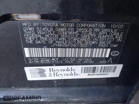 ✅ 2004 Lexus LS 430 • VIN: JTHBN36F240132317 • Лот: 43668971. Опубликован ранее на IAAI с пробегом 233 395 миль. Бесплатный доступ к архиву аукционных продаж из США и подробный отчёт об истории автомобиля на DreamBid. Изображение 9.