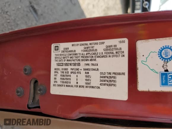 ✅ 2001 Chevrolet S-10 LS • VIN: 1GCCS19501K156105 • Lot: 89649785. Listed on Copart with 145,245 mi. Free auction sales archive from the USA and detailed vehicle history report at DreamBid. Image 12.