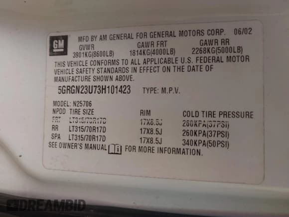✅ 2003 Hummer H2 • VIN: 5GRGN23U73H101423 • Lot: 43164765. Listed on IAAI with 296,068 mi. Free auction sales archive from the USA and detailed vehicle history report at DreamBid. Image 9.