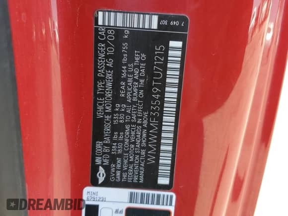 2009 MINI Hardtop with VIN WMWMF33549TU71215, listed as a Copart auction lot 62721075 with 141,040 mi miles and Non repairable. Bid and sale history available at DreamBid. Image 12.