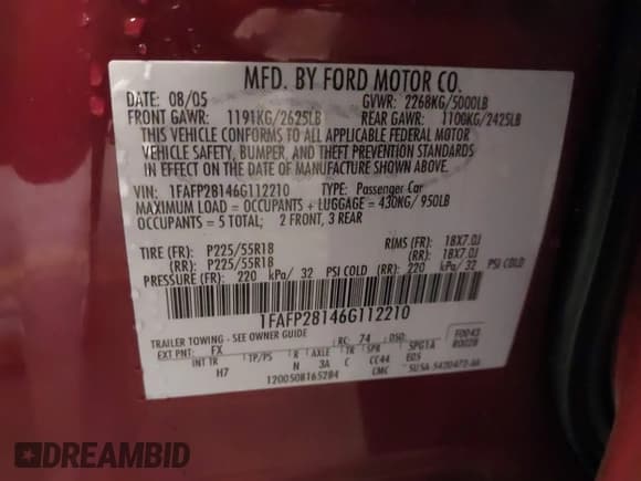 ✅ 2006 Ford Five Hundred Limited • VIN: 1FAFP28146G112210 • Lot: 43351322. Wystawiony na IAAI z przebiegiem 123 526 mil. Bezpłatny archiwum sprzedaży aukcyjnych z USA i szczegółowy raport historii pojazdu na DreamBid. Zdjęcie 9.