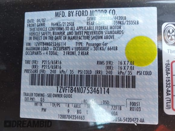 ✅ 2007 Ford Mustang Deluxe • VIN: 1ZVFT84N075346114 • Lot: 43362587. Listed on IAAI with 68,756 mi. Free auction sales archive from the USA and detailed vehicle history report at DreamBid. Image 9.