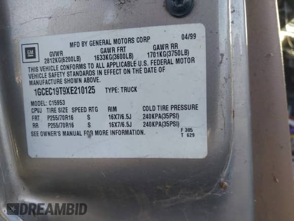 ✅ 1999 Chevrolet Silverado 1500 LT • VIN: 1GCEC19T9XE210125 • Lot: 43629583. Wystawiony na IAAI z przebiegiem Nie podano mil. Skorzystaj z bezpłatnego archiwum sprzedaży aukcyjnych z USA i zobacz szczegółowy raport historii pojazdu na DreamBid. Zdjęcie 9.