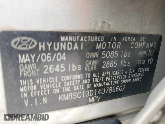 2004 Hyundai Santa Fe GLS z VIN KM8SC13D14U786602, wystawiony jako Copart lot #88913595 z przebiegiem 199 004 mil mil oraz Szkoda całkowita • Salvage title. Historia ofert i sprzedaży dostępna na DreamBid. Obrazek 14.