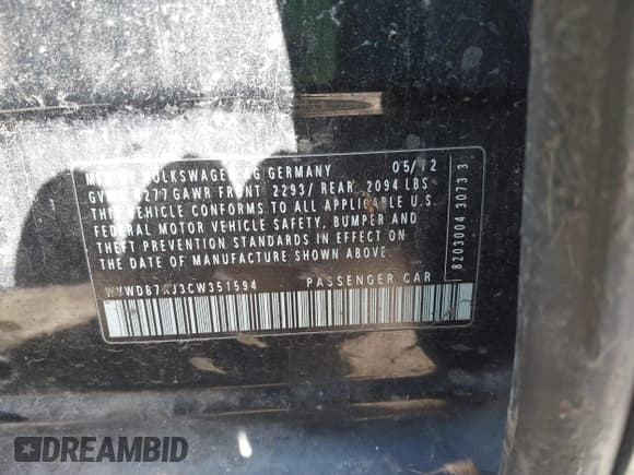 ✅ 2012 Volkswagen Golf • VIN: WVWDB71J3CW351594 • Lot: 42066691. Listed on IAAI with 148,576 mi. Free auction sales archive from the USA and detailed vehicle history report at DreamBid. Image 9.