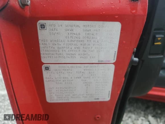 ✅ 1991 Chevrolet Corvette • VIN: 1G1YY2387M5104785 • Lot: 93132265. Wystawiony na Copart z przebiegiem 156 245 mil. Bezpłatny archiwum sprzedaży aukcyjnych z USA i szczegółowy raport historii pojazdu na DreamBid. Zdjęcie 12.