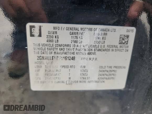 2015 Chevrolet Equinox L z VIN 2GNALLEK0F1161248, wystawiony jako Copart lot #60561195 z przebiegiem 151 524 mil mil oraz Szkoda całkowita • Salvage title. Historia ofert i sprzedaży dostępna na DreamBid. Obrazek 12.