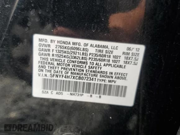 ✅ 2012 Honda Pilot EX-L • VIN: 5FNYF4H7XCB072341 • Lot: 71706405. Wystawiony na Copart z przebiegiem 103 662 mil. Bezpłatny archiwum sprzedaży aukcyjnych z USA i szczegółowy raport historii pojazdu na DreamBid. Zdjęcie 13.