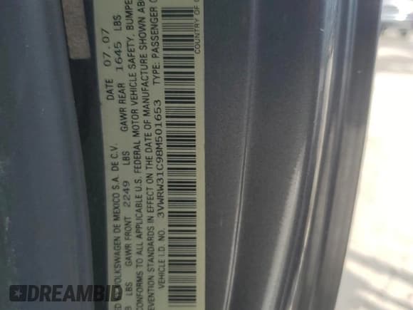 ✅ 2008 Volkswagen Beetle S • VIN: 3VWRW31C98M501653 • Lot: 55270815. Listed on Copart with 137,318 mi. Free auction sales archive from the USA and detailed vehicle history report at DreamBid. Image 12.