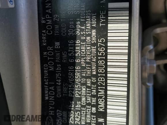 2008 Hyundai Tucson GLS z VIN KM8JM12B18U815675, wystawiony jako Copart lot #70813184 z przebiegiem 104 300 mil mil oraz Szkoda całkowita • Salvage title. Historia ofert i sprzedaży dostępna na DreamBid. Obrazek 13.