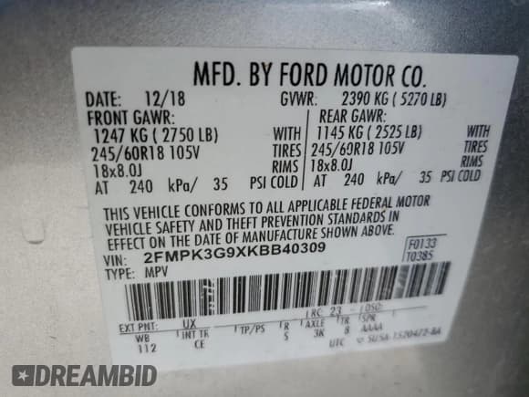 ✅ 2019 Ford Edge SE • VIN: 2FMPK3G9XKBB40309 • Lot: 57657635. Listed on Copart with 85,709 mi. Free auction sales archive from the USA and detailed vehicle history report at DreamBid. Image 13.
