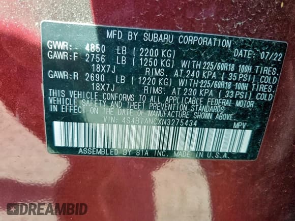✅ 2022 Subaru Outback Limited • VIN: 4S4BTANCXN3275434 • Lot: 93773905. Wystawiony na Copart z przebiegiem 6 486 mil. Bezpłatny archiwum sprzedaży aukcyjnych z USA i szczegółowy raport historii pojazdu na DreamBid. Zdjęcie 13.