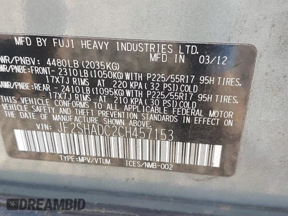 ✅ 2012 Subaru Forester X Premium • VIN: JF2SHADC2CH457153 • Lot: 43372829. Listed on IAAI with 180,872 mi. Free auction sales archive from the USA and detailed vehicle history report at DreamBid. Image 9.