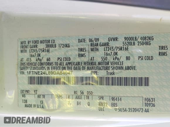 ✅ 2009 Ford Econoline Cargo • VIN: 1FTNE24L89DA84047 • Lot: 41650399. Listed on IAAI with 248,505 mi. Free auction sales archive from the USA and detailed vehicle history report at DreamBid. Image 9.