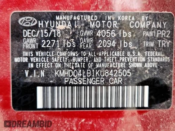 ✅ 2019 Hyundai Elantra Sport • VIN: KMHD04LB1KU842505 • Lot: 62017645. Listed on Copart with 85,890 mi. Free auction sales archive from the USA and detailed vehicle history report at DreamBid. Image 12.