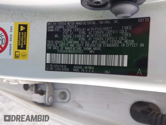 ✅ 2013 Toyota Highlander • VIN: 5TDZA3EH6DS037657 • Lot: 43034719. Listed on IAAI with 213,919 mi. Free auction sales archive from the USA and detailed vehicle history report at DreamBid. Image 9.