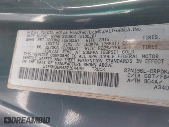 ✅ 2003 Toyota Tacoma PreRunner • VIN: 5TESM92N43Z164429 • Lot: 41398305. Listed on IAAI with 206,399 mi. Free auction sales archive from the USA and detailed vehicle history report at DreamBid. Image 9.