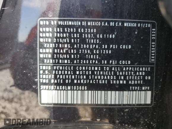 ✅ 2020 Volkswagen Tiguan S • VIN: 3VV1B7AX6LM103686 • Lot: 47294995. Listed on Copart with 66,966 mi. Free auction sales archive from the USA and detailed vehicle history report at DreamBid. Image 15.