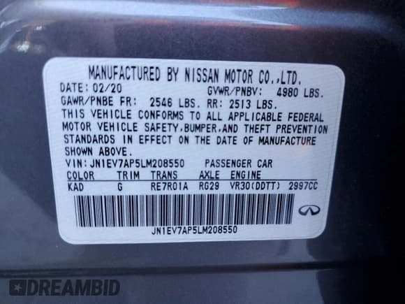 ✅ 2020 Infiniti Q50 Pure • VIN: JN1EV7AP5LM208550 • Lot: 55672065. Listed on Copart with 75,138 mi. Free auction sales archive from the USA and detailed vehicle history report at DreamBid. Image 12.