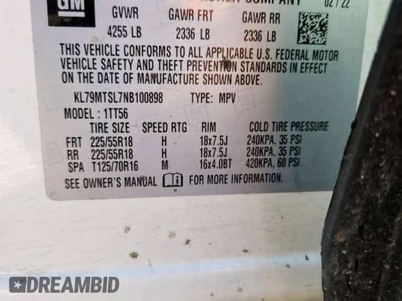 2022 Chevrolet TrailBlazer RS with VIN KL79MTSL7NB100898, listed as a Copart auction lot 71034485 with 71,906 mi miles and Salvage title. Bid and sale history available at DreamBid. Image 14.