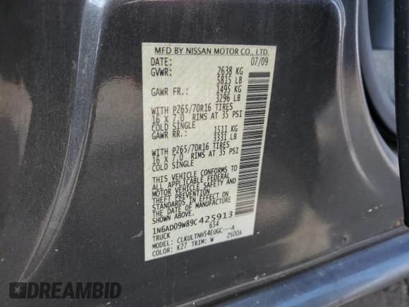 ✅ 2009 Nissan Frontier SE • VIN: 1N6AD09W89C425913 • Lot: 63806885. Listed on Copart with 138,821 mi. Free auction sales archive from the USA and detailed vehicle history report at DreamBid. Image 12.