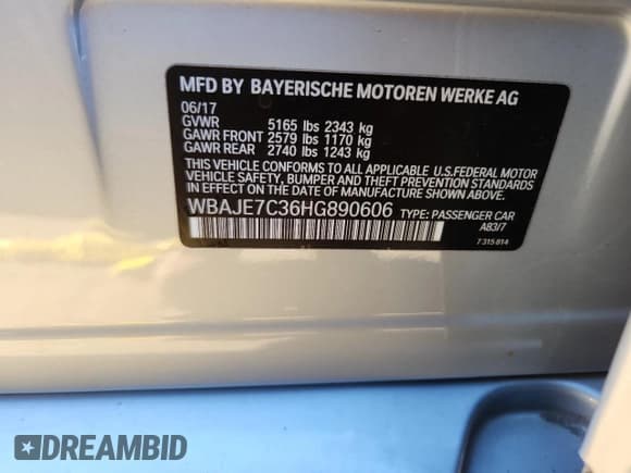 ✅ 2017 BMW 5 Series 540i xDrive • VIN: WBAJE7C36HG890606 • Lot: 92363905. Listed on Copart with 40,809 mi. Free auction sales archive from the USA and detailed vehicle history report at DreamBid. Image 12.