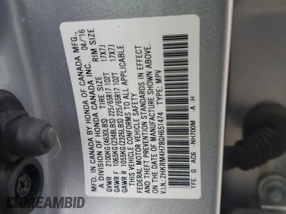 ✅ 2016 Honda CR-V EX-L • VIN: 2HKRM4H78GH651474 • Lot: 82771115. Listed on Copart with 50,465 mi. Free auction sales archive from the USA and detailed vehicle history report at DreamBid. Image 13.