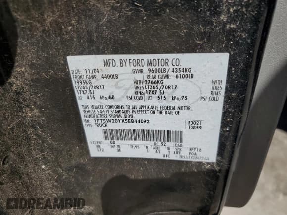 ✅ 2005 Ford F-250 • VIN: 1FTSW20YX5EB44092 • Lot: 53268155. Listed on Copart with Not provided. Free auction sales archive from the USA and detailed vehicle history report at DreamBid. Image 12.