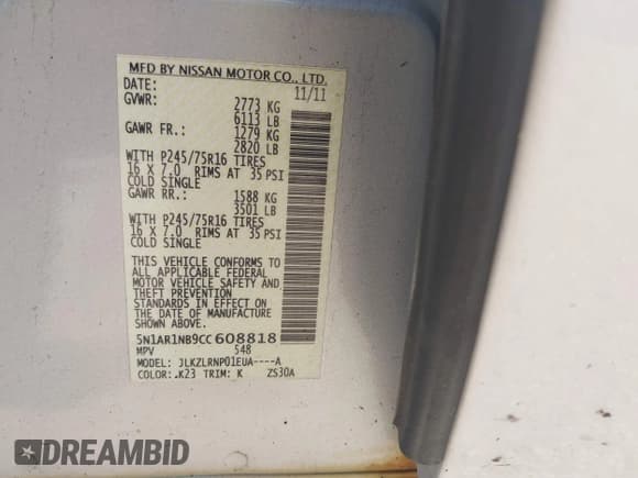 ✅ 2012 Nissan Pathfinder Silver Edition • VIN: 5N1AR1NB9CC608818 • Lot: 42863584. Listed on IAAI with 139,331 mi. Free auction sales archive from the USA and detailed vehicle history report at DreamBid. Image 9.