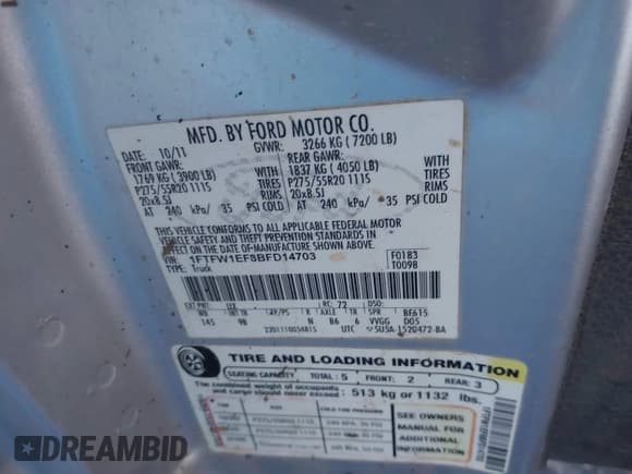 ✅ 2011 Ford F-150 XLT • VIN: 1FTFW1EF8BFD14703 • Lot: 43463049. Wystawiony na IAAI z przebiegiem 208 969 mil. Bezpłatny archiwum sprzedaży aukcyjnych z USA i szczegółowy raport historii pojazdu na DreamBid. Zdjęcie 9.