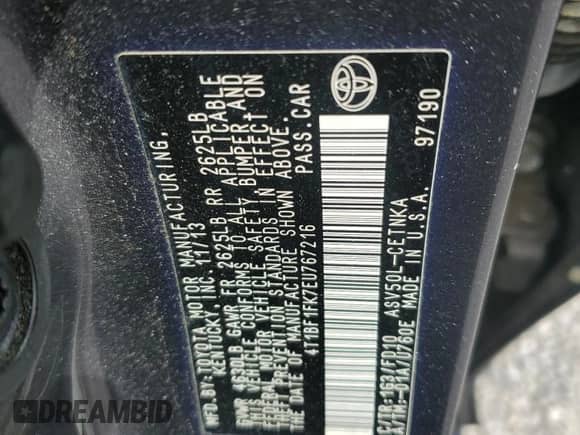 2014 Toyota Camry SE with VIN 4T1BF1FK7EU767216, listed as a Copart auction lot 85265055 with 173,390 mi miles and Salvage title. Bid and sale history available at DreamBid. Image 12.