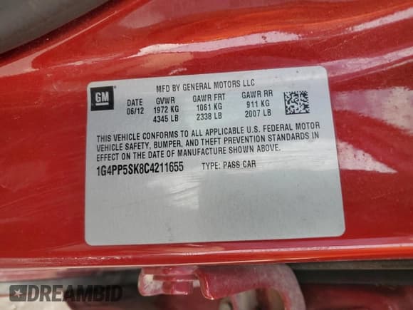 ✅ 2012 Buick Verano • VIN: 1G4PP5SK8C4211655 • Лот: 80143935. Опубликован ранее на Copart с пробегом 106 901 миль. Бесплатный доступ к архиву аукционных продаж из США и подробный отчёт об истории автомобиля на DreamBid. Изображение 12.