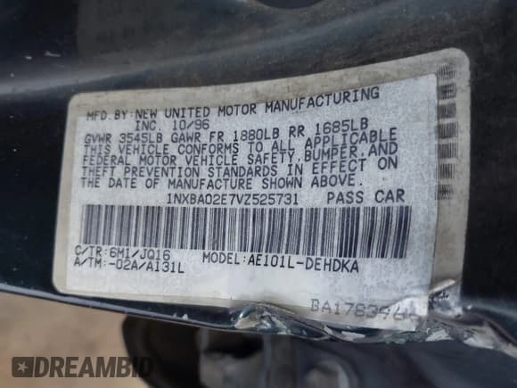 ✅ 1997 Toyota Corolla • VIN: 1NXBA02E7VZ525731 • Лот: 42598348. Опубликован ранее на IAAI с пробегом 257 585 миль. Бесплатный доступ к архиву аукционных продаж из США и подробный отчёт об истории автомобиля на DreamBid. Изображение 9.