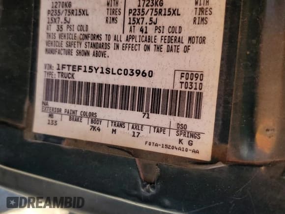 ✅ 1995 Ford F-150 • VIN: 1FTEF15Y1SLC03960 • Lot: 85732785. Listed on Copart with 138,471 mi. Free auction sales archive from the USA and detailed vehicle history report at DreamBid. Image 12.