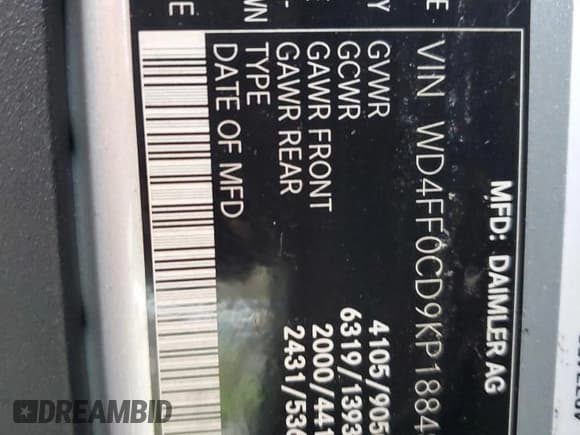 ✅ 2019 Mercedes-Benz Sprinter • VIN: WD4FF0CD9KP188489 • Lot: 72628134. Wystawiony na Copart z przebiegiem Nie podano. Bezpłatny archiwum sprzedaży aukcyjnych z USA i szczegółowy raport historii pojazdu na DreamBid. Zdjęcie 10.