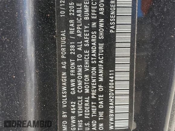 ✅ 2013 Volkswagen Eos Sport • VIN: WVWBW8AH2DV004411 • Lot: 71081045. Listed on Copart with 89,066 mi. Free auction sales archive from the USA and detailed vehicle history report at DreamBid. Image 12.