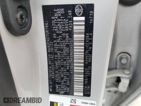 2022 Toyota Camry Hybrid SE с VIN 4T1G31AK6NU045757, выставлен на аукционе Copart как лот 69772015 с пробегом 32 277 миль миль и Списание • Salvage title. История ставок и продаж доступна на DreamBid. Изображение 12.