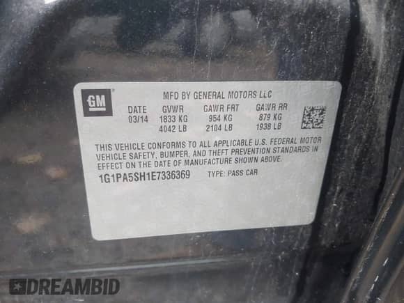 2014 Chevrolet Cruze LS z VIN 1G1PA5SH1E7336369, wystawiony jako IAAI lot #43311124 z przebiegiem 101 303 mil mil oraz . Historia ofert i sprzedaży dostępna na DreamBid. Obrazek 9.