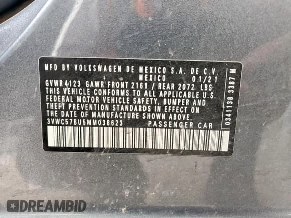 ✅ 2021 Volkswagen Jetta S • VIN: 3VWC57BU5MM038623 • Lot: 90938325. Listed on Copart with 81,241 mi. Free auction sales archive from the USA and detailed vehicle history report at DreamBid. Image 12.