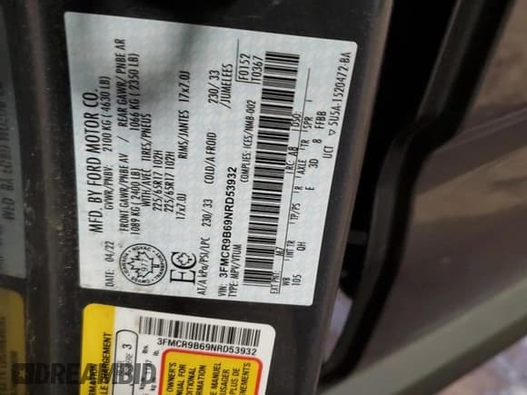 ✅ 2022 Ford Bronco Sport Big Bend • VIN: 3FMCR9B69NRD53932 • Лот: 89891335. Опубликован ранее на Copart с пробегом 36 305 миль. Бесплатный доступ к архиву аукционных продаж из США и подробный отчёт об истории автомобиля на DreamBid. Изображение 13.