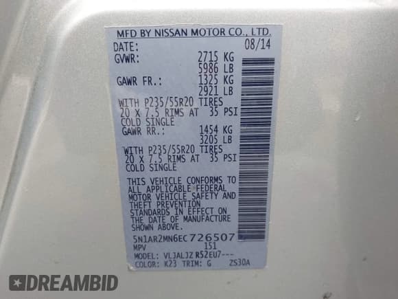 ✅ 2014 Nissan Pathfinder SL • VIN: 5N1AR2MN6EC726507 • Lot: 42444733. Listed on IAAI with 136,280 mi. Free auction sales archive from the USA and detailed vehicle history report at DreamBid. Image 9.