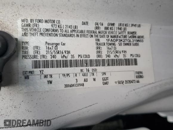 ✅ 2016 Ford Focus SE • VIN: 1FADP3K27GL319603 • Lot: 89808245. Listed on Copart with 151,146 mi. Free auction sales archive from the USA and detailed vehicle history report at DreamBid. Image 12.