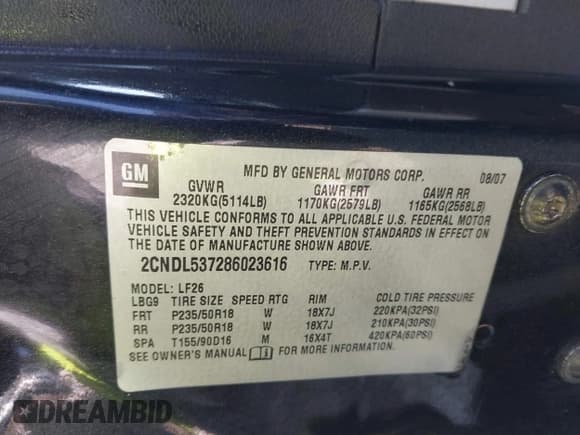 ✅ 2008 Chevrolet Equinox Sport • VIN: 2CNDL537286023616 • Лот: 41123709. Опубликован ранее на IAAI с пробегом 71 979 миль. Бесплатный доступ к архиву аукционных продаж из США и подробный отчёт об истории автомобиля на DreamBid. Изображение 9.