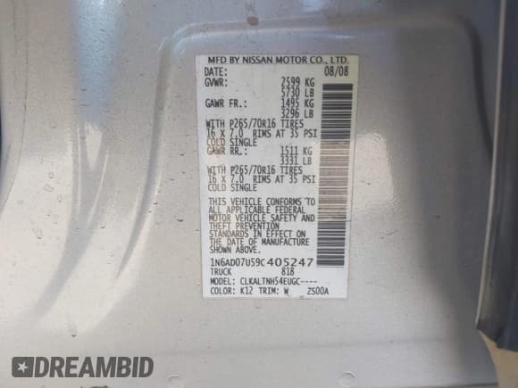 ✅ 2009 Nissan Frontier SE • VIN: 1N6AD07U59C405247 • Lot: 42821636. Wystawiony na IAAI z przebiegiem 164 946 mil. Bezpłatny archiwum sprzedaży aukcyjnych z USA i szczegółowy raport historii pojazdu na DreamBid. Zdjęcie 8.