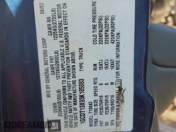 ✅ 2003 Chevrolet S-10 LS • VIN: 1GCDT13X93K185083 • Лот: 77824664. Опубликован ранее на Copart с пробегом Не указан. Бесплатный доступ к архиву аукционных продаж из США и подробный отчёт об истории автомобиля на DreamBid. Изображение 12.