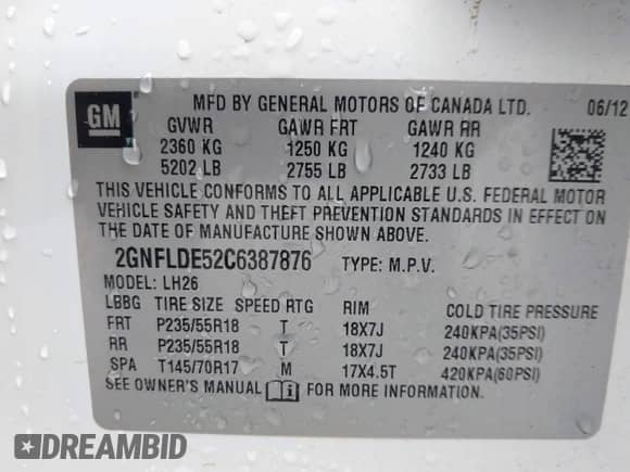 2012 Chevrolet Equinox 1LT with VIN 2GNFLDE52C6387876, listed as a IAAI auction lot 42190711 with 113,735 mi miles and . Bid and sale history available at DreamBid. Image 9.